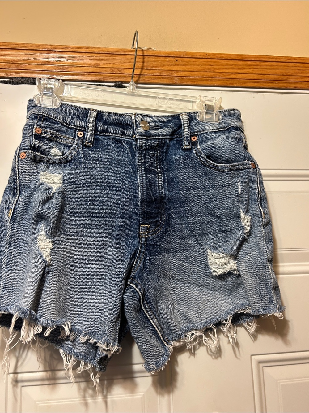 Distressed High-Rise Denim Shorts - Blue 0